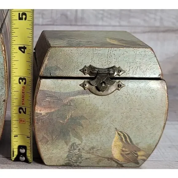 Vintage Wood Trinket Box Song Bird Print Distressed Dresser Keepsake Hinged Lid - Picture 7 of 9